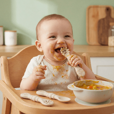 Cuillere bebe beige | Ergonomique Silicone - Joli bébé maman