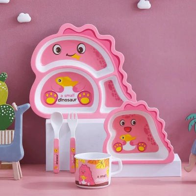 Vaisselle Bebe BambooKid™ - Dinosaure Rose - Joli bébé maman
