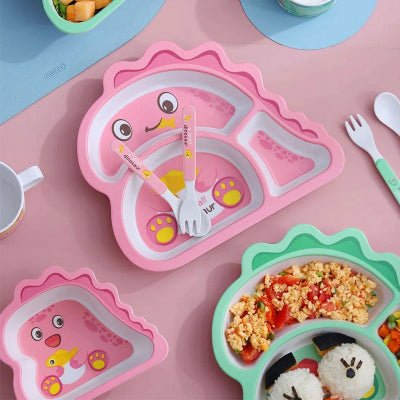 Vaisselle Bebe BambooKid™ - Dinosaure Rose - Joli bébé maman